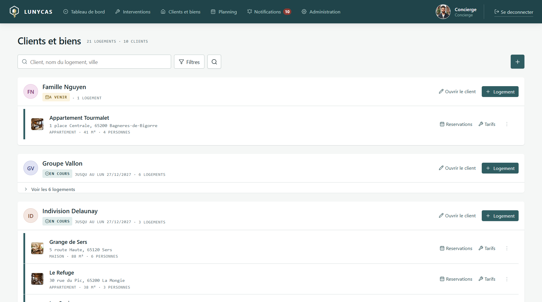Gestion des clients et des biens dans le logiciel de conciergerie LUNYCAS