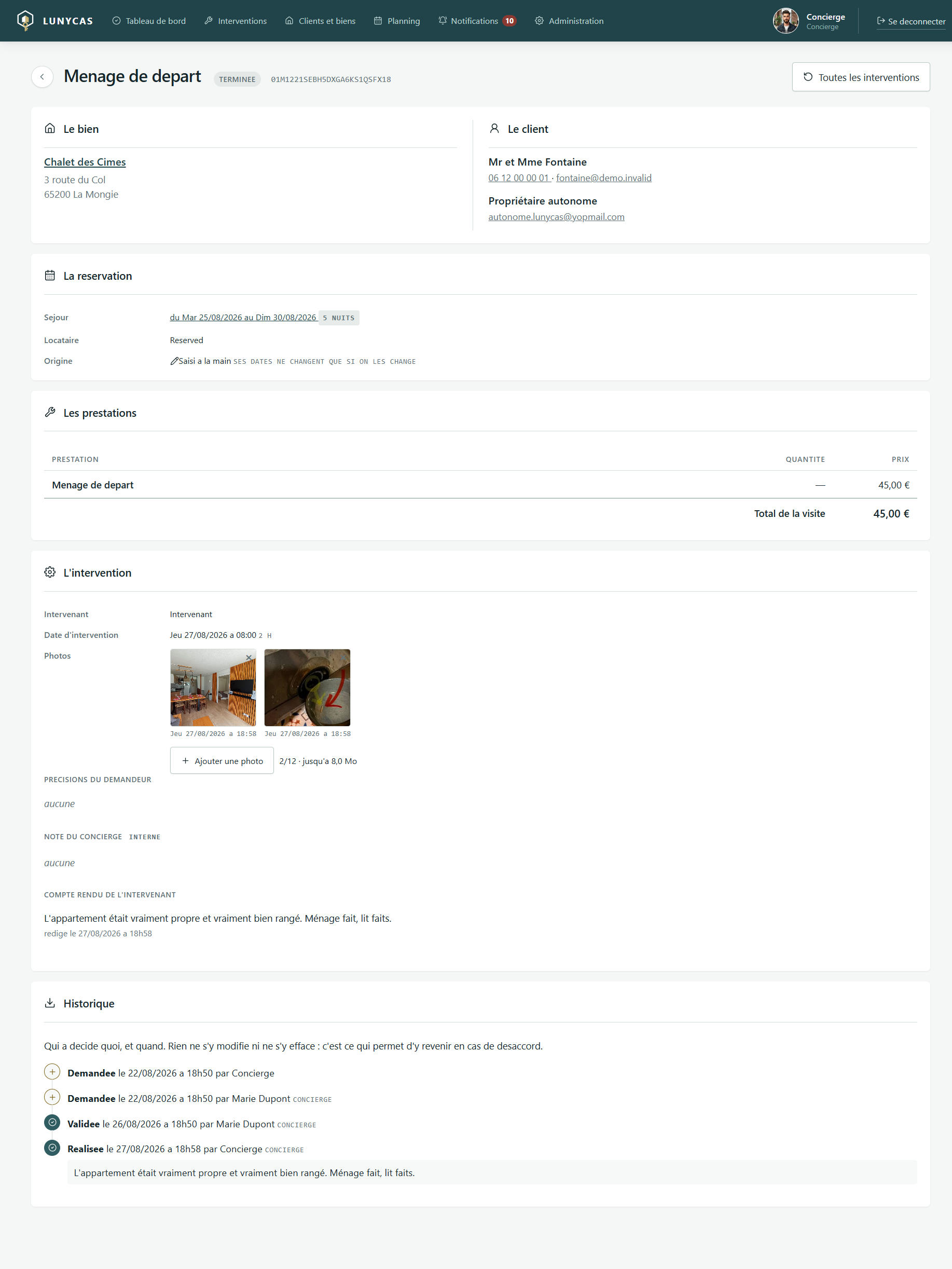 Fiche de suivi d'une intervention de conciergerie avec prestations, planning et compte rendu