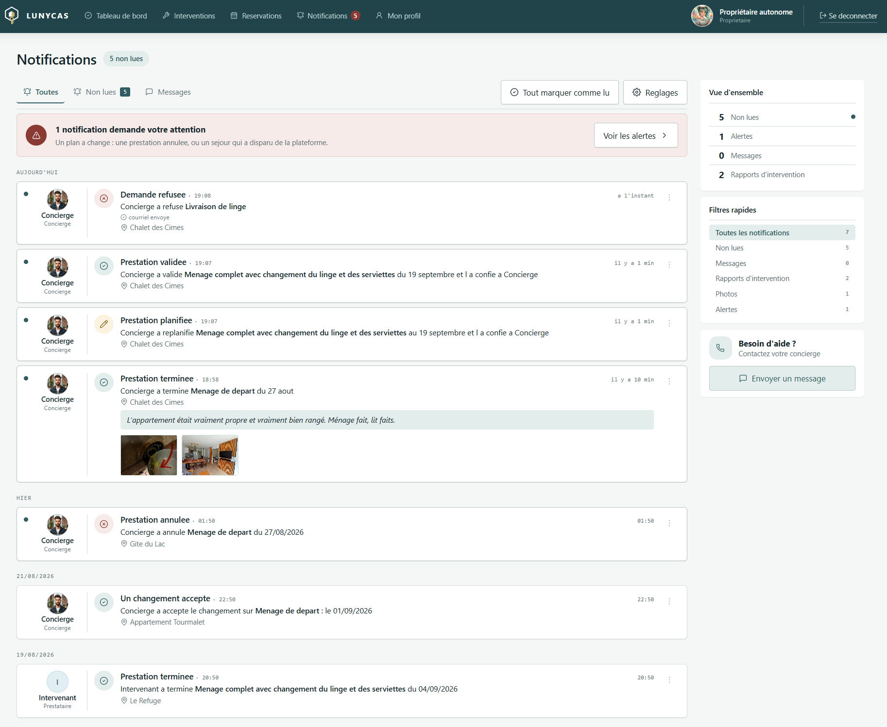 Alertes et notifications configurables du logiciel de conciergerie LUNYCAS